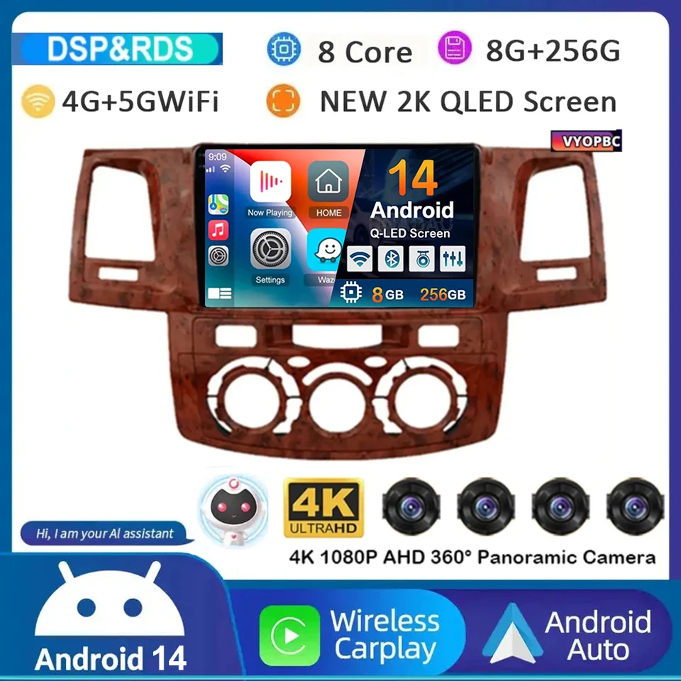 Android 14 CarPlay Auto WiFi+4G Radio pre Toyota Fortuner Hilux Revo Vigo 2007-2015 Stereo Car Multimedia Video Player GPS QLED