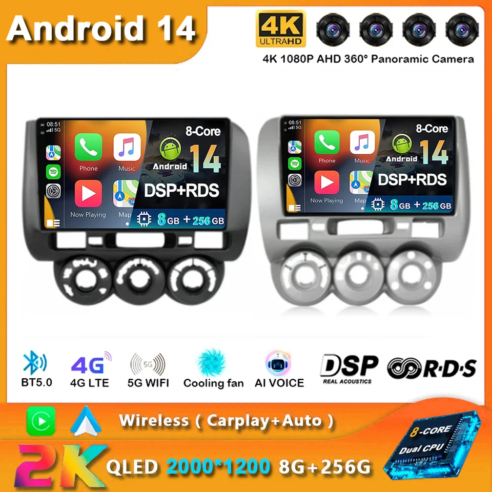 Android 14 CarPlay Car Radio pre Honda Fit Jazz City 2002 2003 2004 - 2007 navigácia multimediálne GPS Player Stereo WiFi+4G Video
