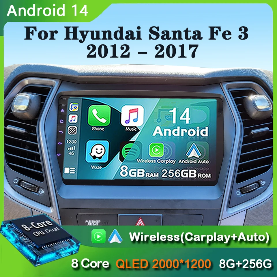 Android 14 CarPlay Car Radio pre Hyundai Santa Fe 3 Grand IX45 2012 - 2017 Navigation GPS Multimedia Player WiFi+4G Stereo Video