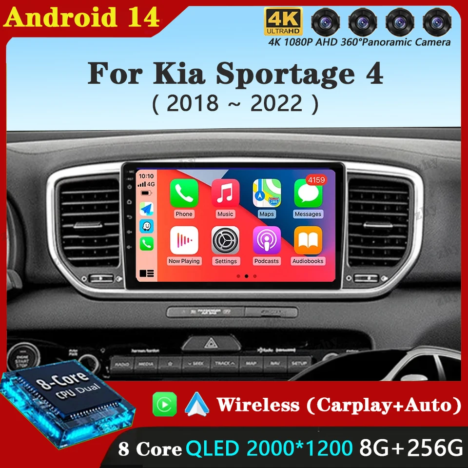 Android 14 CarPlay Car Radio pre Kia Sportage 4 QL 2018 - 2022 Navigácia GPS multimediálny hráč stereofónny wifi+4G Auto BT 360Camera
