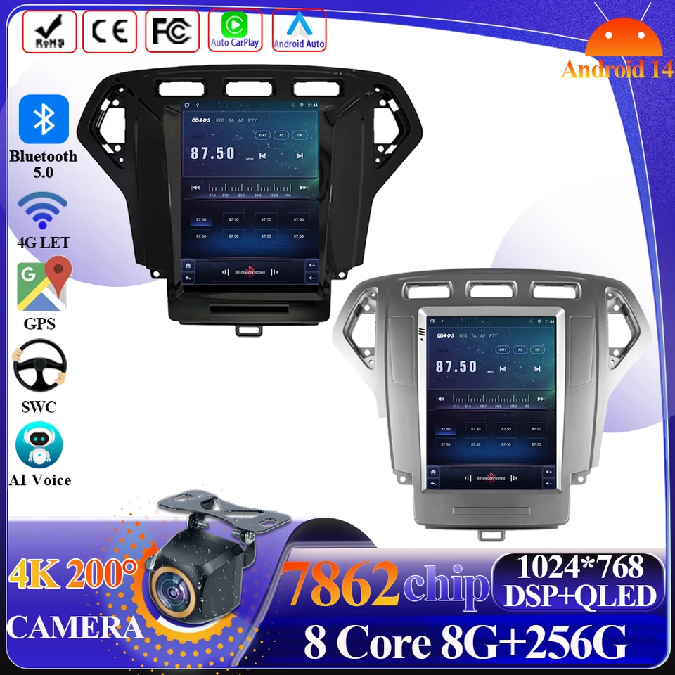 Android 14 CarPlay pre Ford Mondeo 4 2006-2010 pre Tesla Style Screen Car Multimedia Player GPS navigácia 5G WiFi Touch Display
