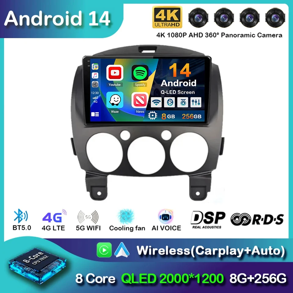 Android 14 CarPlay pre Mazda 2 Mazda2 2007 2008 2009 2010 2010 2012 2013 2013 2014 Car Multimedia Player 2 DIN Autoradio Stereo
