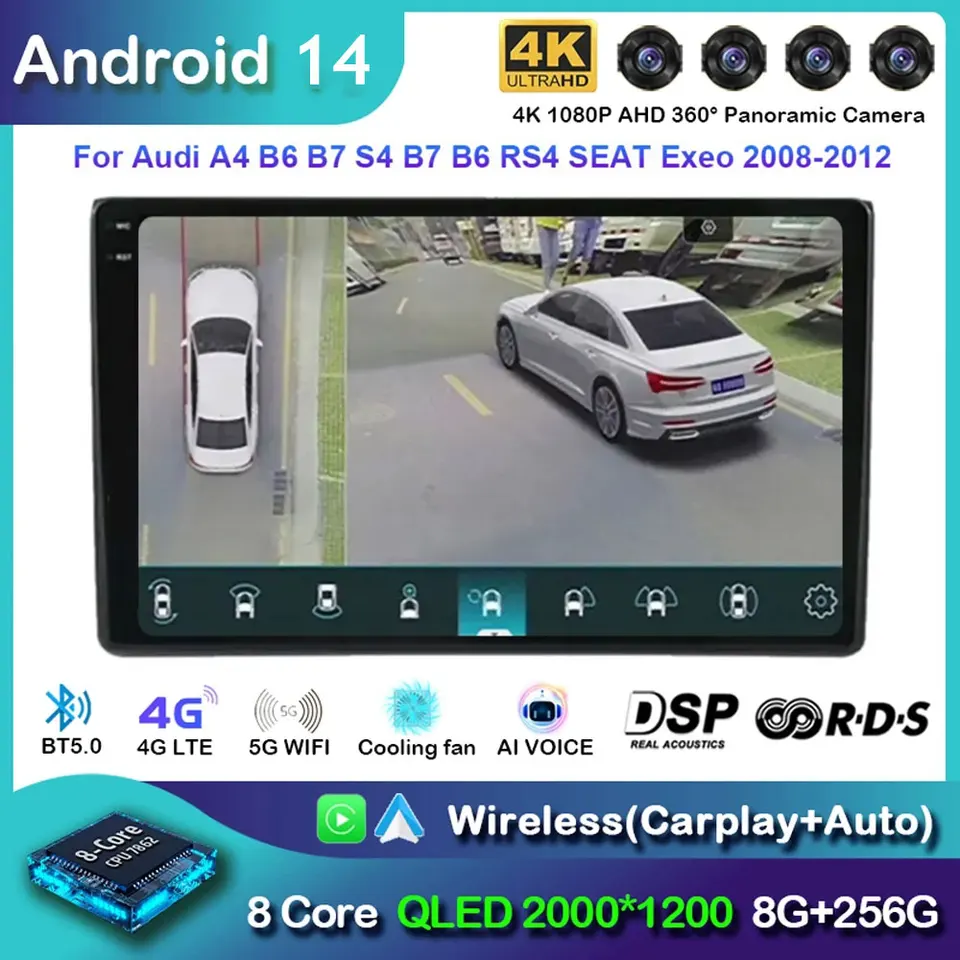 Android 14 pre Audi A4 2 B6 3 B7 2000-2009 S4 2002 - 2008 RS4 2005 - 2009 AUTOMÁRNE Multimedia WiFi CarPlay Audio WiFi WiFi č. 2 DIN