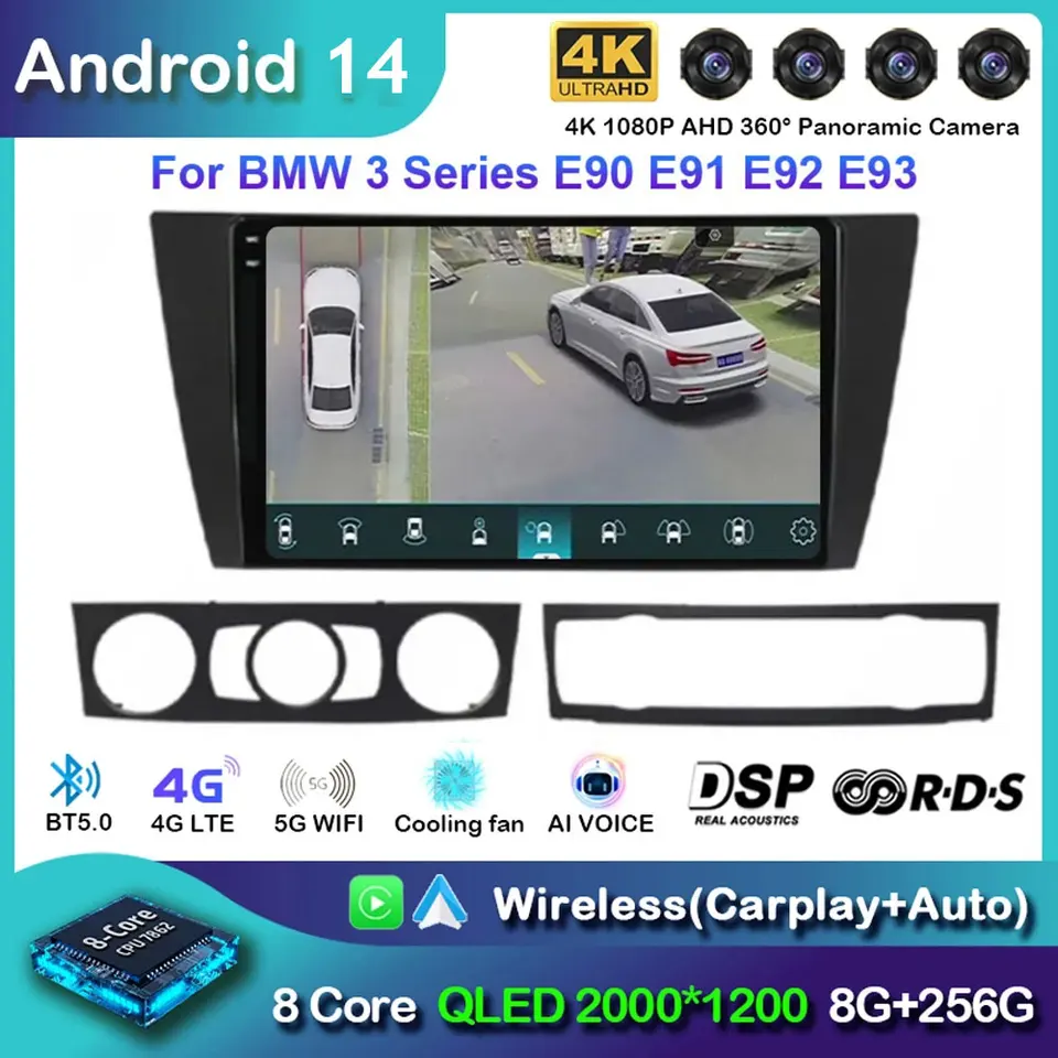 Android 14 pre BMW E90 E91 E92 E93 3 Rádio navigačné multimediálne hráč stereofónny GPS WiFi+4G Wireless CarPlay+Auto Head Unit