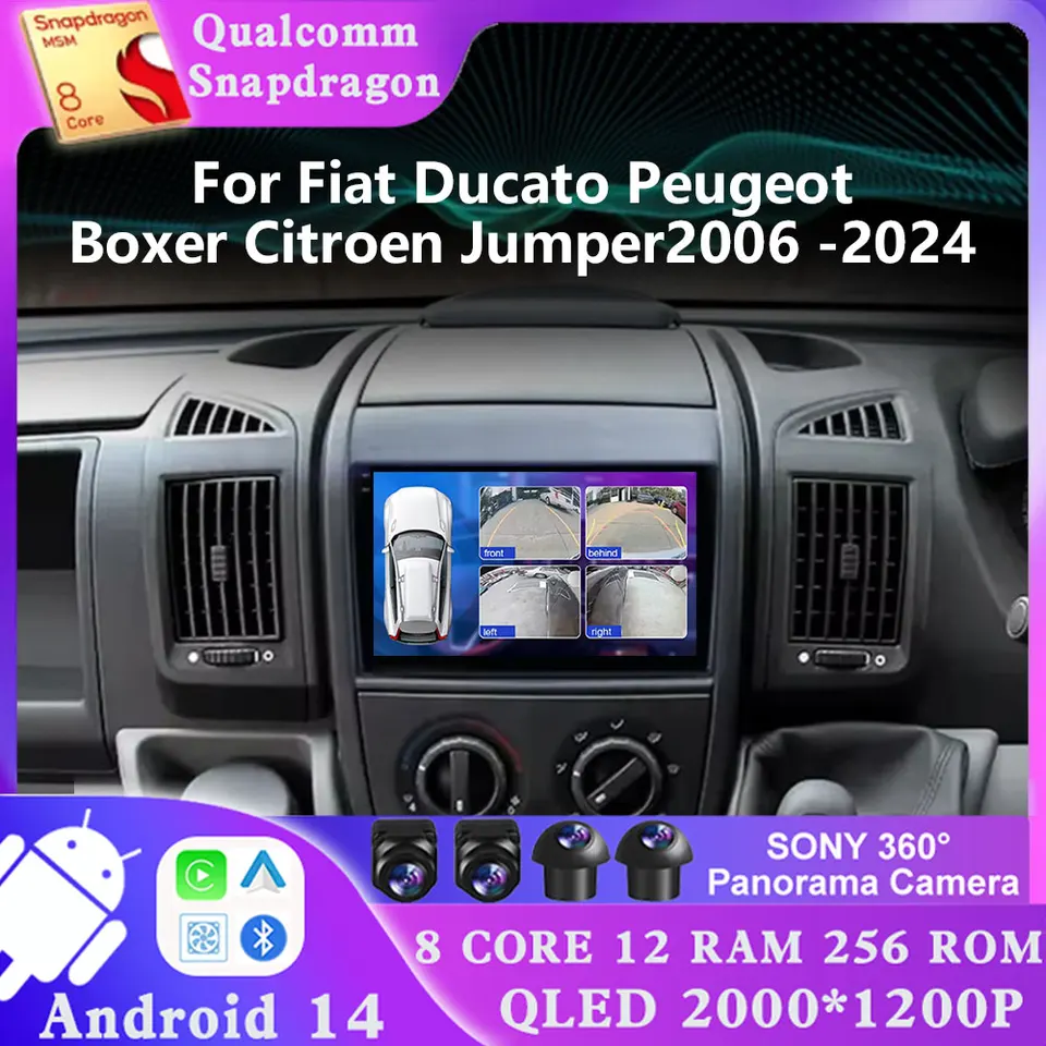 Android 14 pre Fiat Ducato Peugeot Boxer Citroen Jumper 2006 -2024 Qualcomm 5G WiFi DSP 2 DIN Stereo 4G LTE GPS Auto navigácia