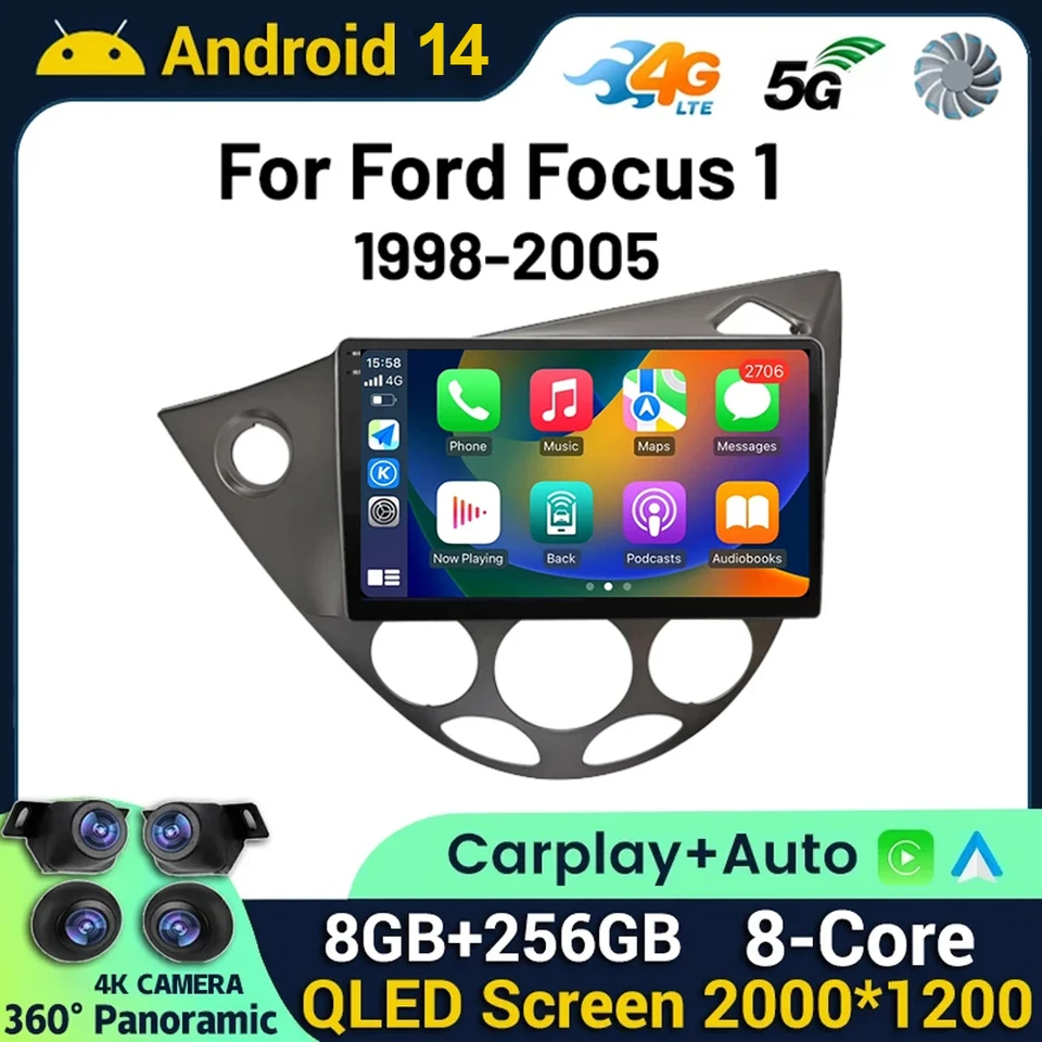 Android 14 pre Ford Fiesta 1995-2001 Focus MK1 1998-2004 Car Radio 2 DIN Android Stereo CarPlay Autoradio Head Unit GPS WiFi+4G