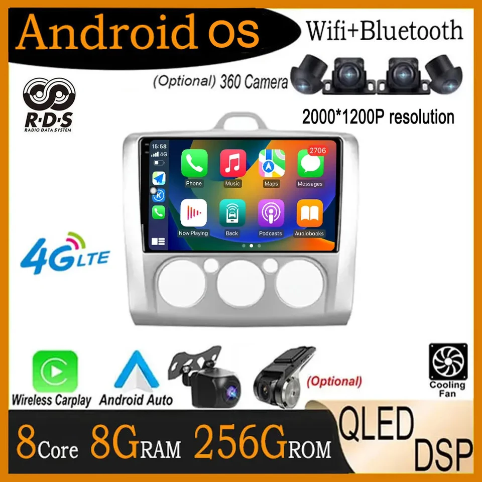 Android 14 pre Ford Focus 2 Mk2 2004 - 2011 Player IPS IPS GPS Navigation Audio Multimedia CarPlay Qled Screen 4G+WiFi