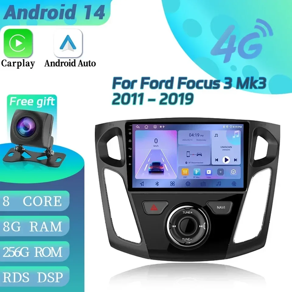 Android 14 pre Ford Focus 3 MK3 2011-2019 Car Radio 4G GPS Stereo WiFi navigácia bezdrôtového bezdrôtového dotykovej obrazovky CarPlay