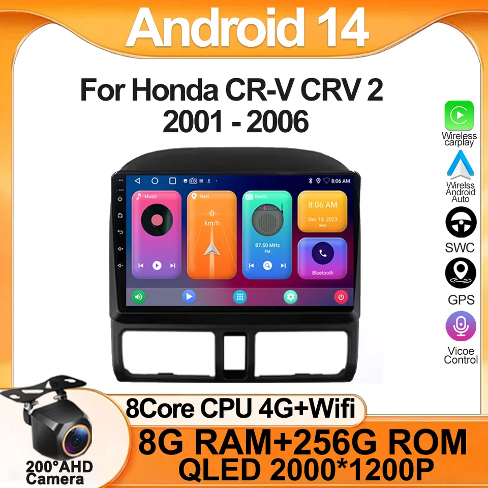Android 14 pre Honda CR -V CRV 2 2001 - 2006 Multimediálny automobil GPS Player Radio Radio Stereo 5G CPU BT č. 2DIN DVD WiFi HDR