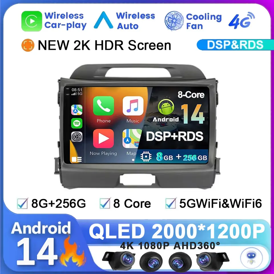Android 14 pre Kia Sportage 2010 - 2016 Systémové auto Radio Wireless CarPlay Auto multimediálne prehrávač Autoradio Video GPS Navi WiFi