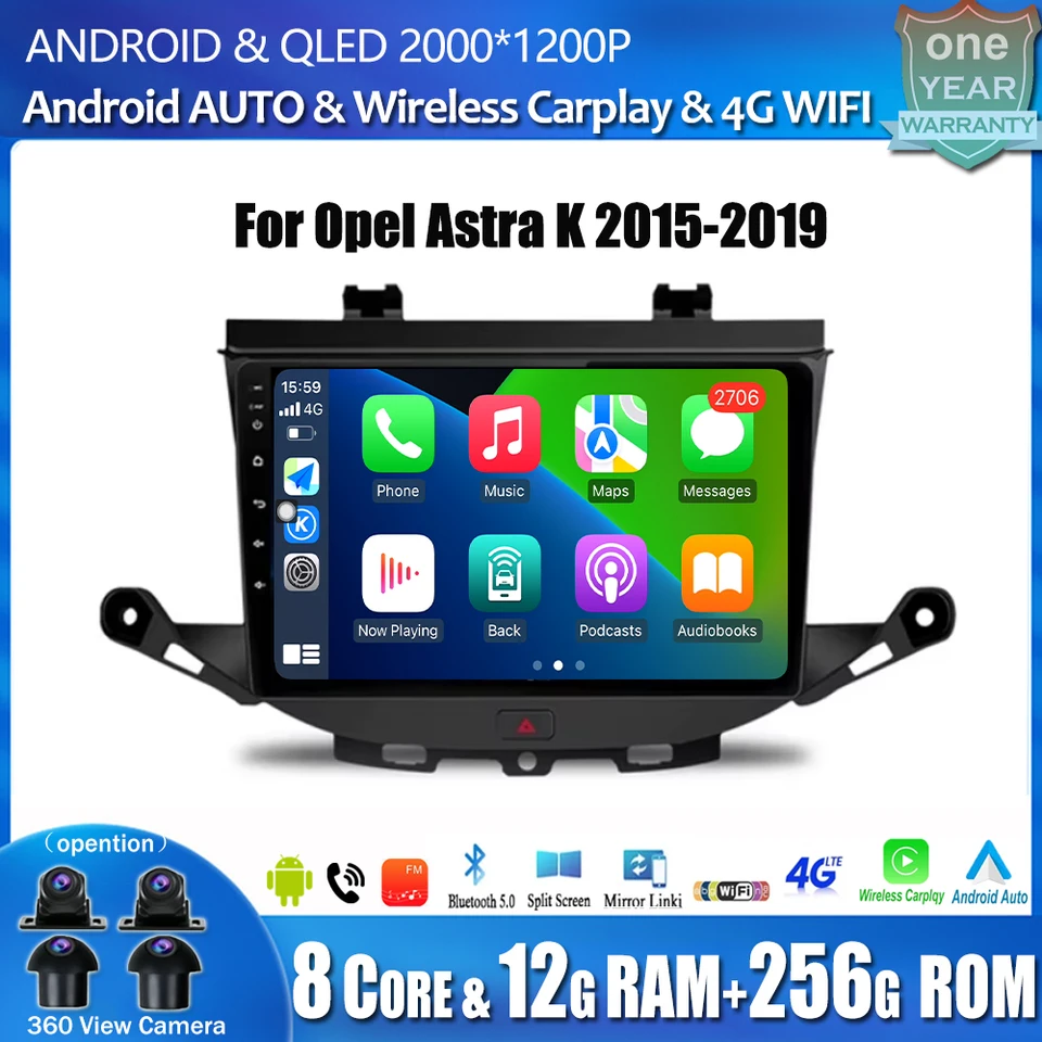Android 14 pre Opel Astra K 2015 - 2019 Automatické vozidlo Video Player Wireless CarPlay GPS navigačné multimediálne rádiové nástroje Bluetooth