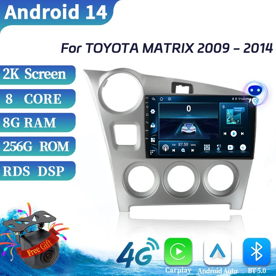 Android 14 pre Toyota Matrix 2009-2014 Car Multimedia Video Player Navigation Wireless CarPlay 4G GPS dotyková obrazovka Stereo