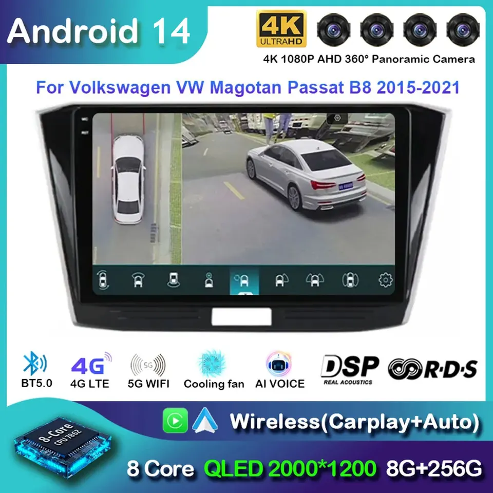 Android 14 pre Volkswagen VW Magotan Passat B8 2015-2021 Automobilie Rádio navigačné GPS Video prehrávač QLED obrazovky Multimedia stereofónny DSP