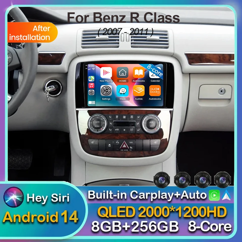 Android 14 QLED Car Radio CarPlay Multimedia GPS Player BT pre Mercedes Benz R Class R300 R350 R280 R320 R500 W251 2007 - 2011