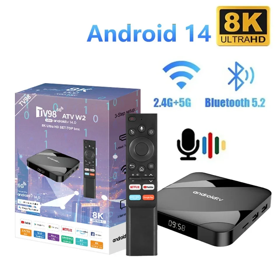 Android 14 TV box Bluetooth 5.2 ATV 8K 4K Set Top Box 4 GB 64 GB AV1 S905W2 Quad Core 2.4g a 5G Dual WiFi Voice Remote Media Player Player