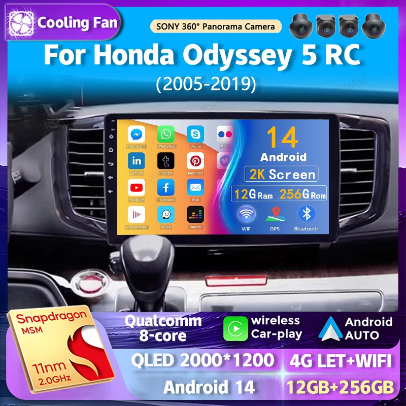 Android 14 WiFi+4G CarPlay Auto Car Radio pre Honda Odyssey 5 RC 2005 - 2019 Navigation GPS Video Player Stereo Multimedia DVD