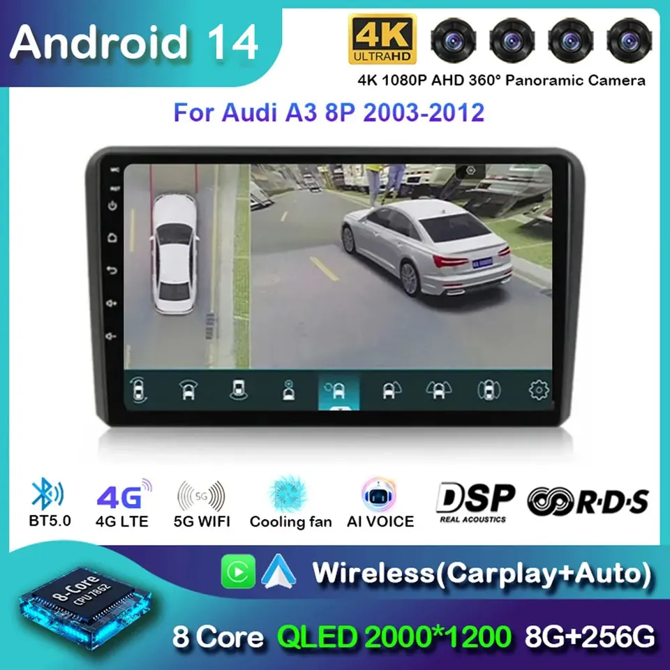 Android 14 Wireless CarPlay Auto Car Radio pre Audi A3 8p 2003 - 2013 Navigation GPS multimediálny hráč stereofónny wifi+4G BT DVD DSP