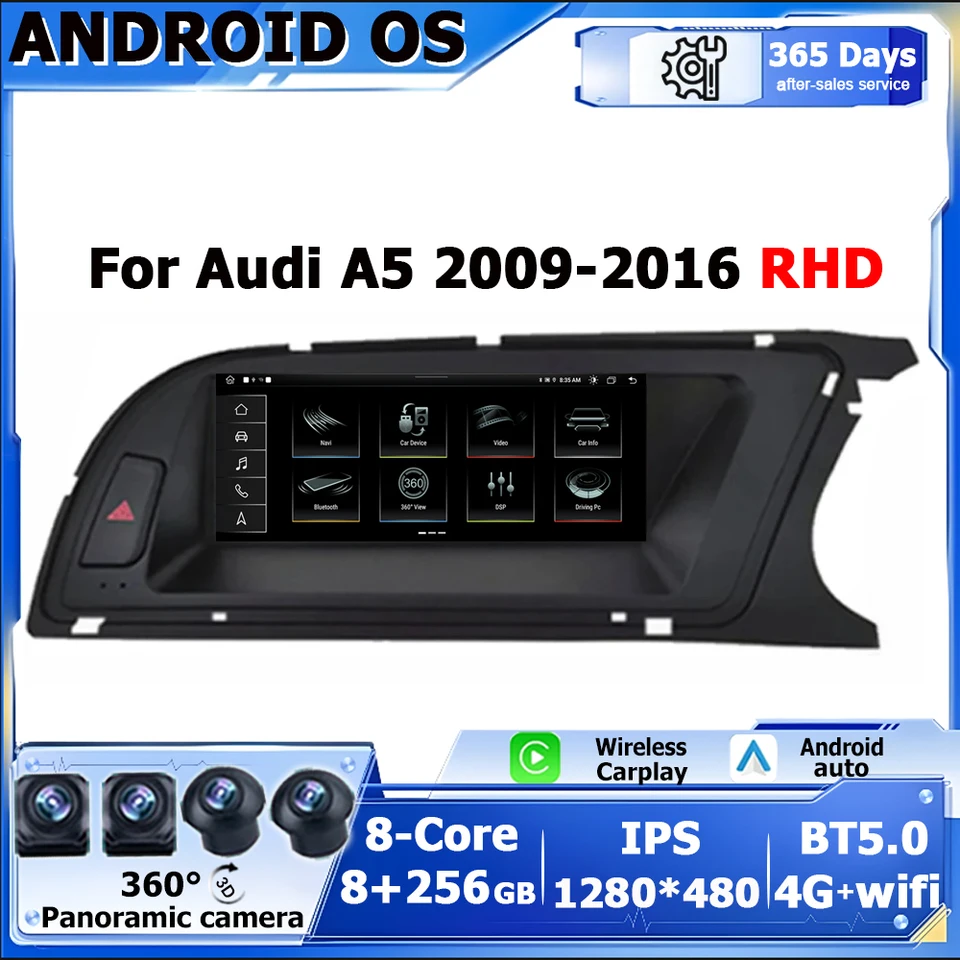 Android OS WiFi 4G SIM Wireless Carplay Car Autoradio pre Audi A5 2009-2016 RHD BT 8Core 128 GB GPS Navi Touch Stereo Player IPS IPS