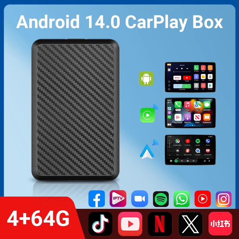 Android14 Wireless CarPlay a Android Auto 3in1 Nový inteligentný AI Box Plug and Play 4 Cores 2 GB+16 GB/4 GB+64 GB Stabilný prenos