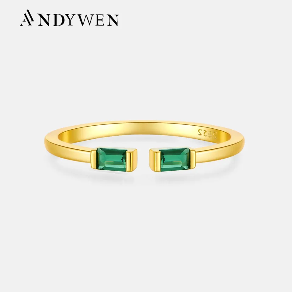 Andywen 100% 925 Sterling Silver Gold Reusizable Ring Green Cz