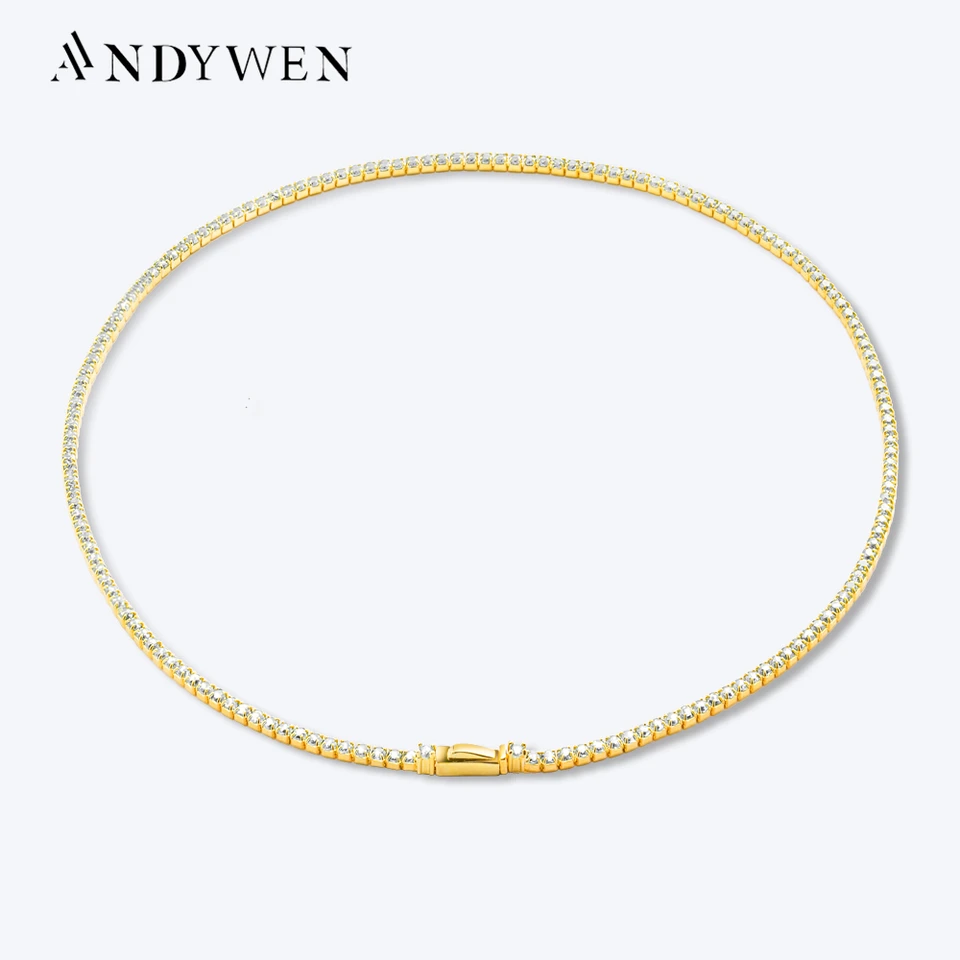 Andywen 925 Sterling Silver Gold 2mm tenisový retiazka Náhrdelník dlhý reťazec 37,5 cm Party Svadobné jemné šperky 2023