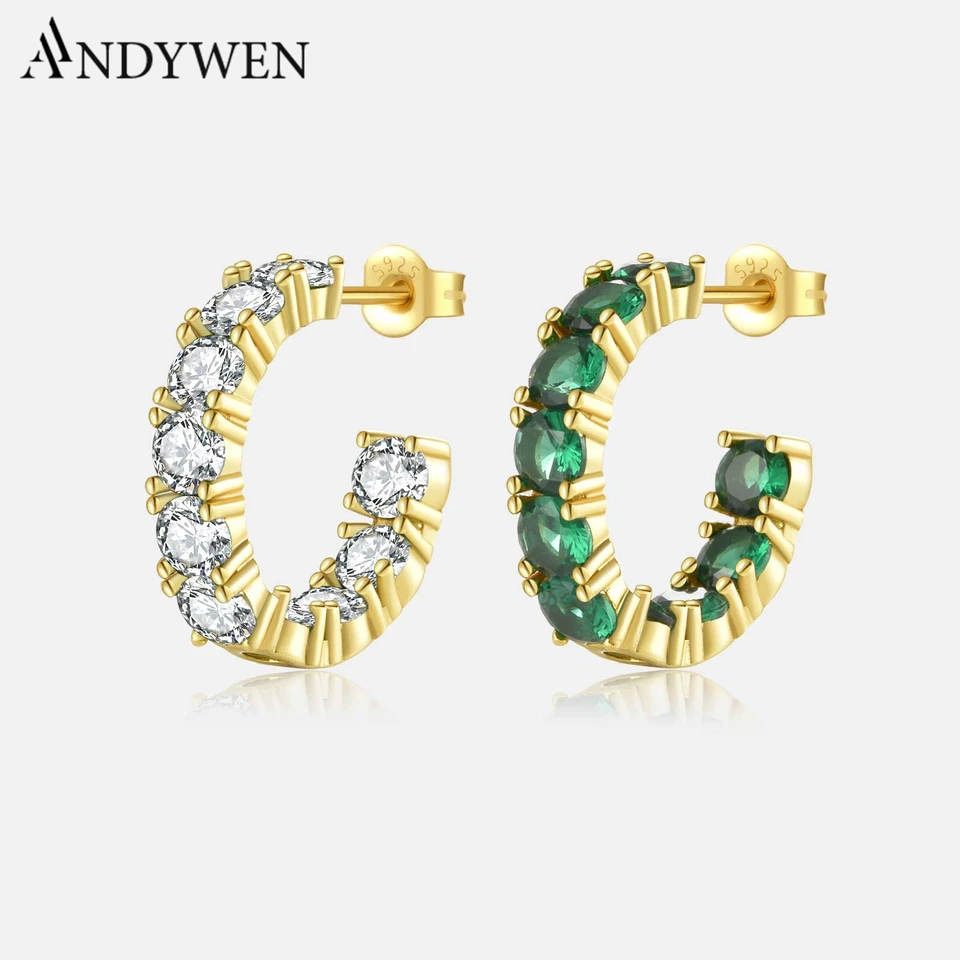 Andywen 925 Sterling Silver Gold Clear Cz Green Zirkon Hoops Huggies Piercing Loops Circle náušnice Ženy Luxusné jemné šperky