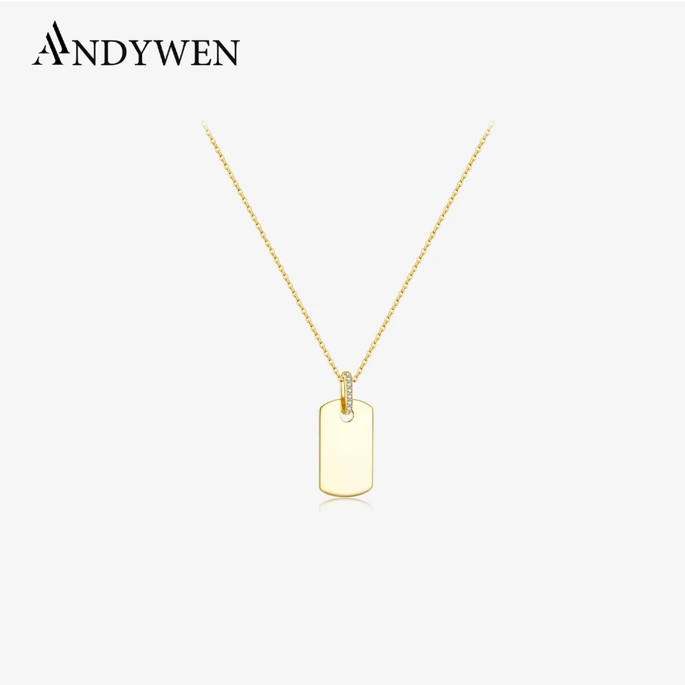Andywen 925 Sterling Silver Gold Square prívesok s dlhým reťazcom Náhrdelník Simple Women Módne krištáľové zirkonové svadobné oslavy šperky