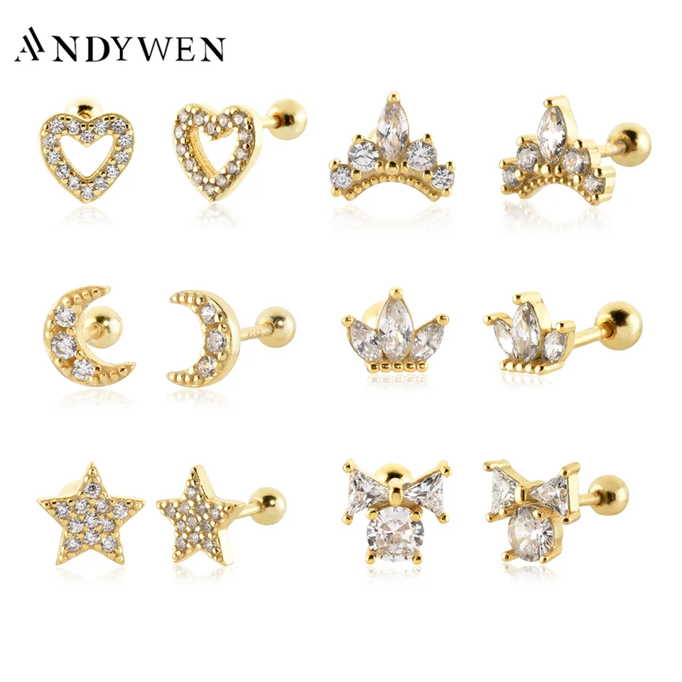Andywen 925 Sterling Silver Gold Srdce korálky Stud náušnice Moon Star Piercing Queen Butterfly Pendientes Dámske svadobné šperky