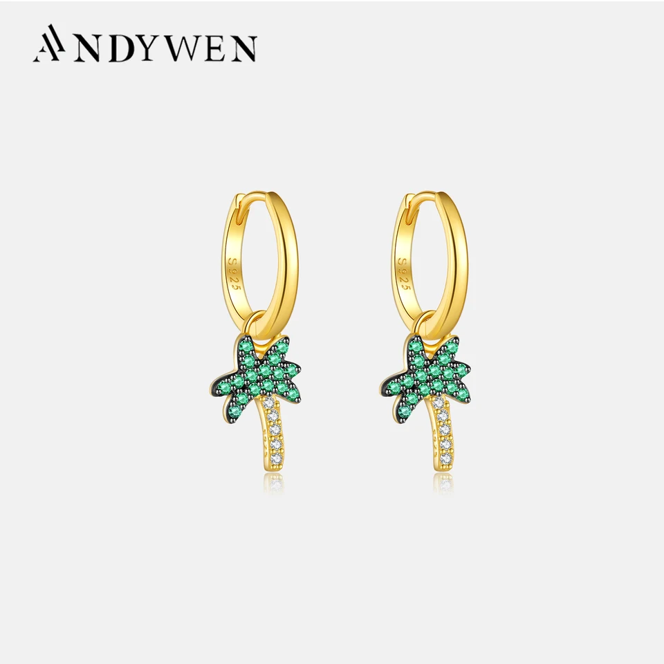 Andywen 925 Sterling Silver Gold Tree Coconut Tree Drop náušnice Piercing Luxury Jewelry Crystal Black Party Rock Punk Jewelry GI GI