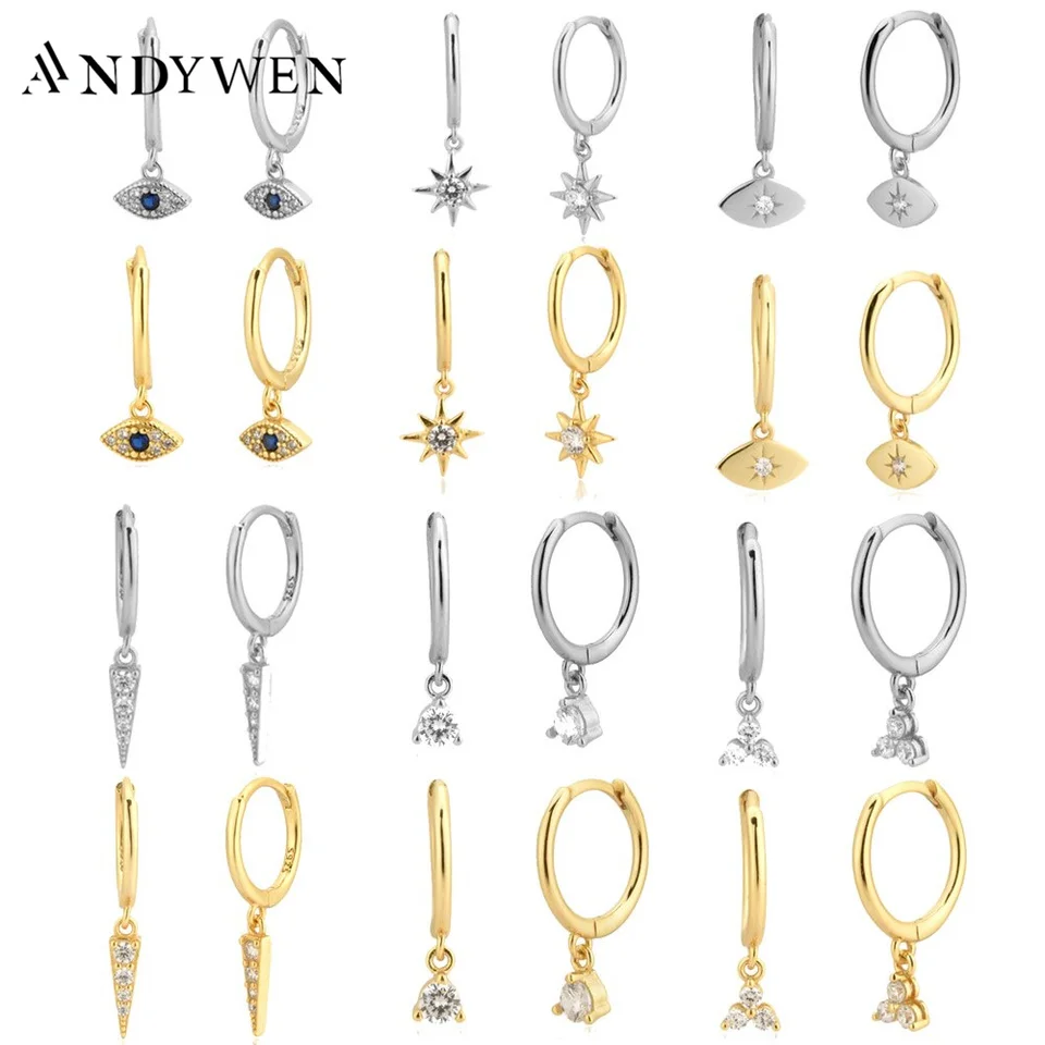 Andywen 925 Sterling Silver Multi Dangle Hoops Crystal Thin Huggies s kúzlami slučky kruhov kruhy náušnice šperky pre dámske