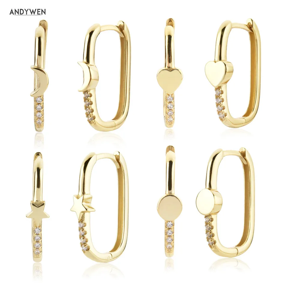 Andywen 925 Sterling Silver Star Moon Oval Obruče náušnice Round Circle Piercing Huggies 2021 Ženy Svadobné šperky pre Wome