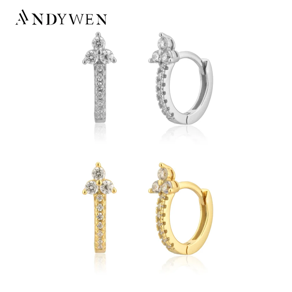 Andywen 925 Sterling Silver Tri zirkón Malé obručky náušnice Mini obruče kruh kruh prepichnutia Piering Pendiente šperky 2020 Najlepší darček