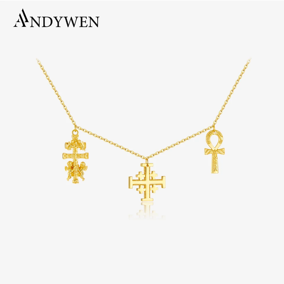 Andywen nový 925 Sterling Silver Gold Cross Sacred Charm Pendant Horoscope Choker Choker Long Hurkere Svadobný darček