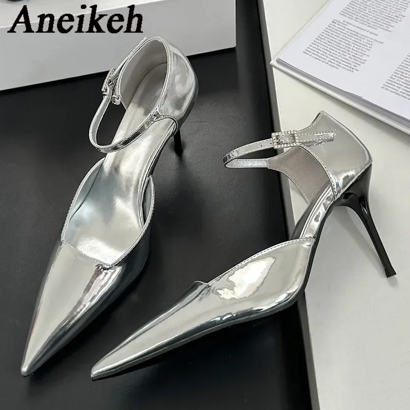 Aneikeh Street Style Buckle Strap Ženy strieborné vysoké podpätky špicaté tenké vysoké podpätky banket gladiátor Party Shoes Zapatos de Mujer