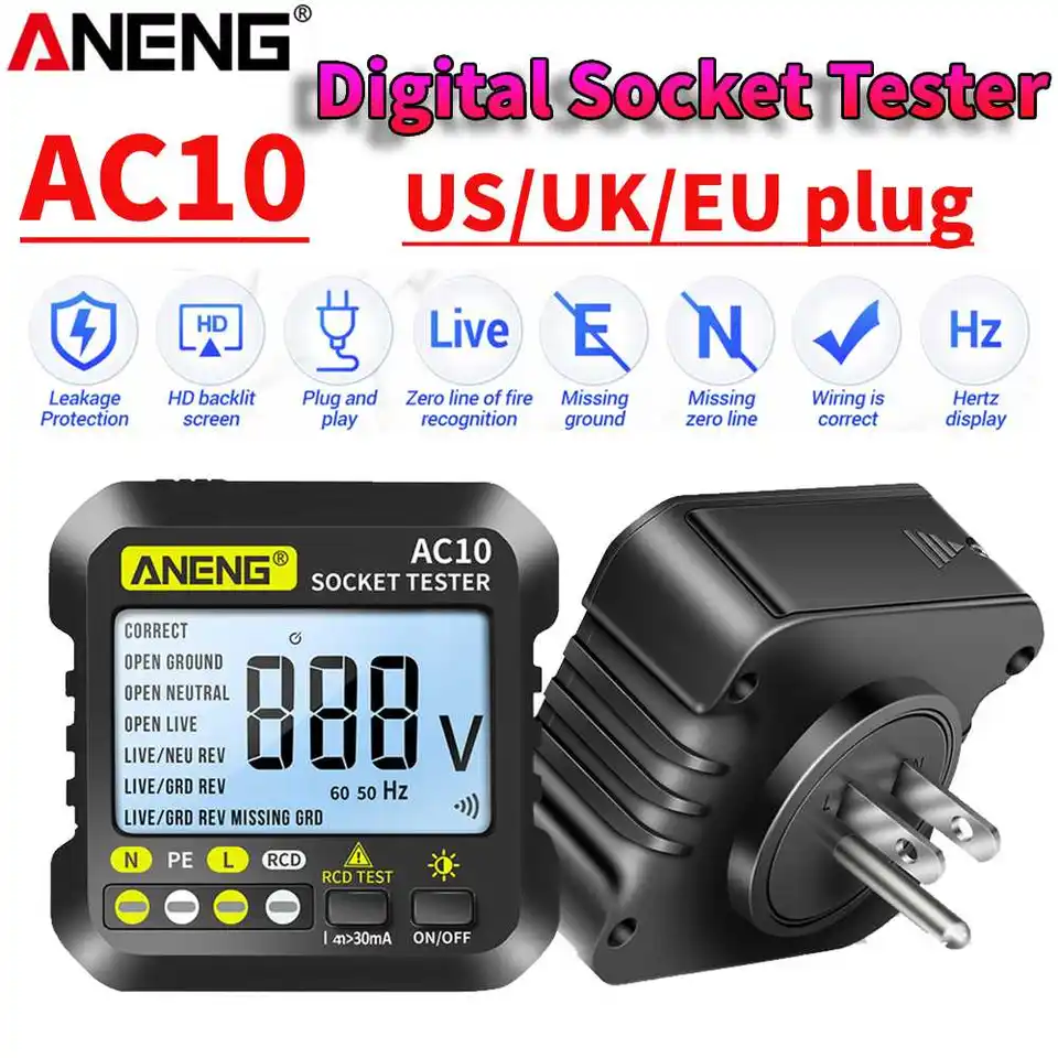 ANENG AC10 Socket Tester Digital Power Outlet Test Test Socket Tester LCD DETEKTOR DETEKTOR POSKYTUJE US/UK/UK/EU