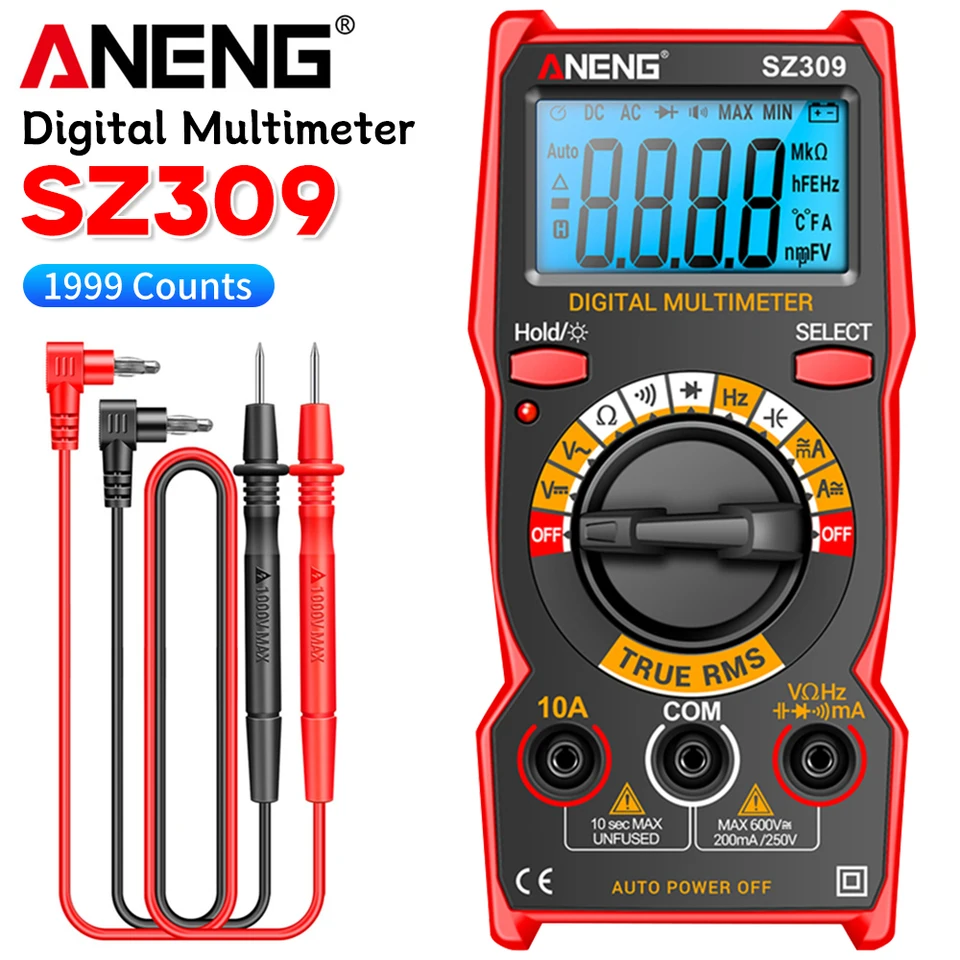 ANENG SZ309 Red Multimeter 1999 Count AC/DC napätie prúdu prúdu digitálna podsvietenie prenosného OHM Meter Elektrický nástroj nástroj