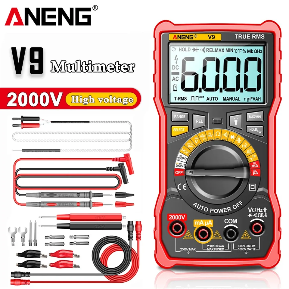 ANENG V9 Digital Multimeter 2000V Smart Professional Tester Tester Capacimeter Voltmeter AC/DC Ammeter Elektrické náradie Tester