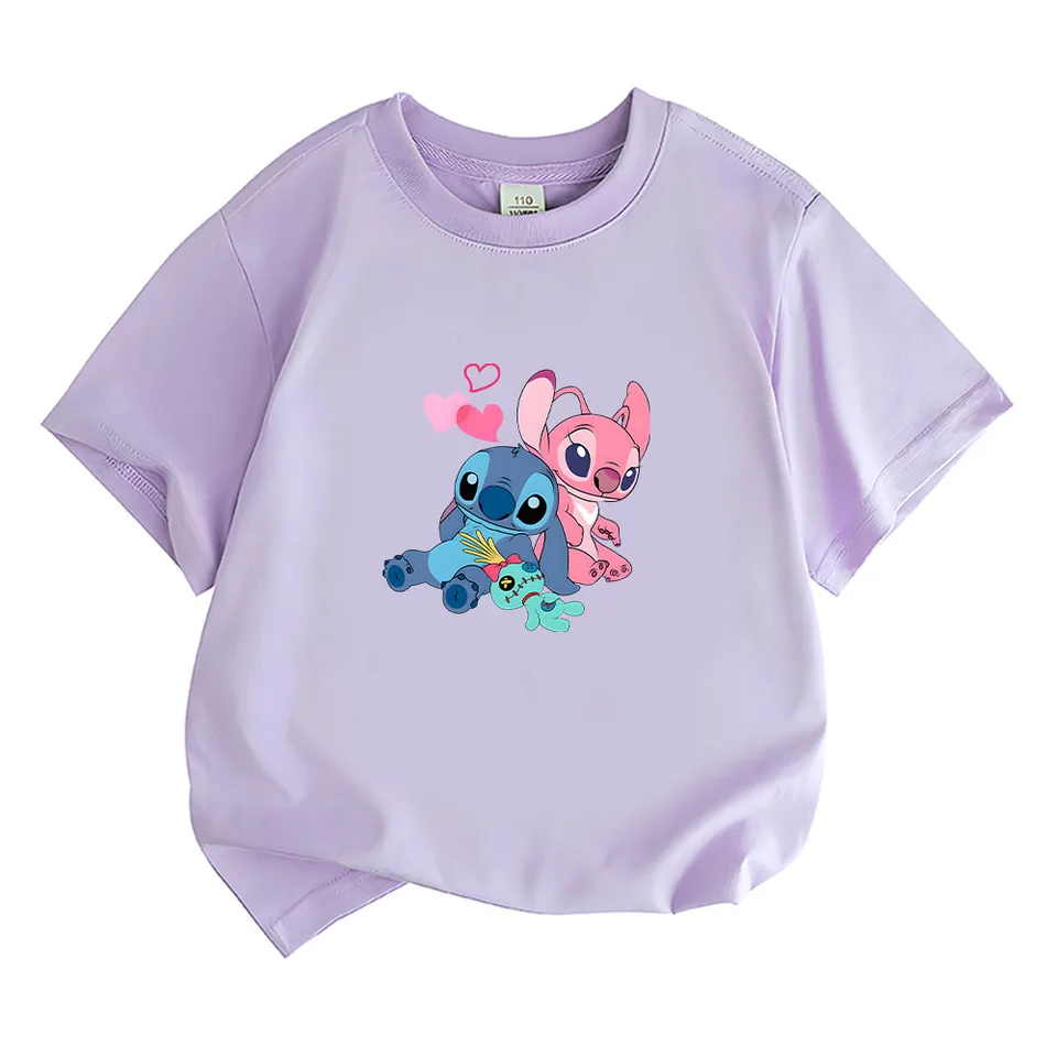 Angel & Stitch Nové bavlnené tričko Letné letné tričko O-Neck Kids/dievčatá Grafická tlač Príležitostné odevy Disney