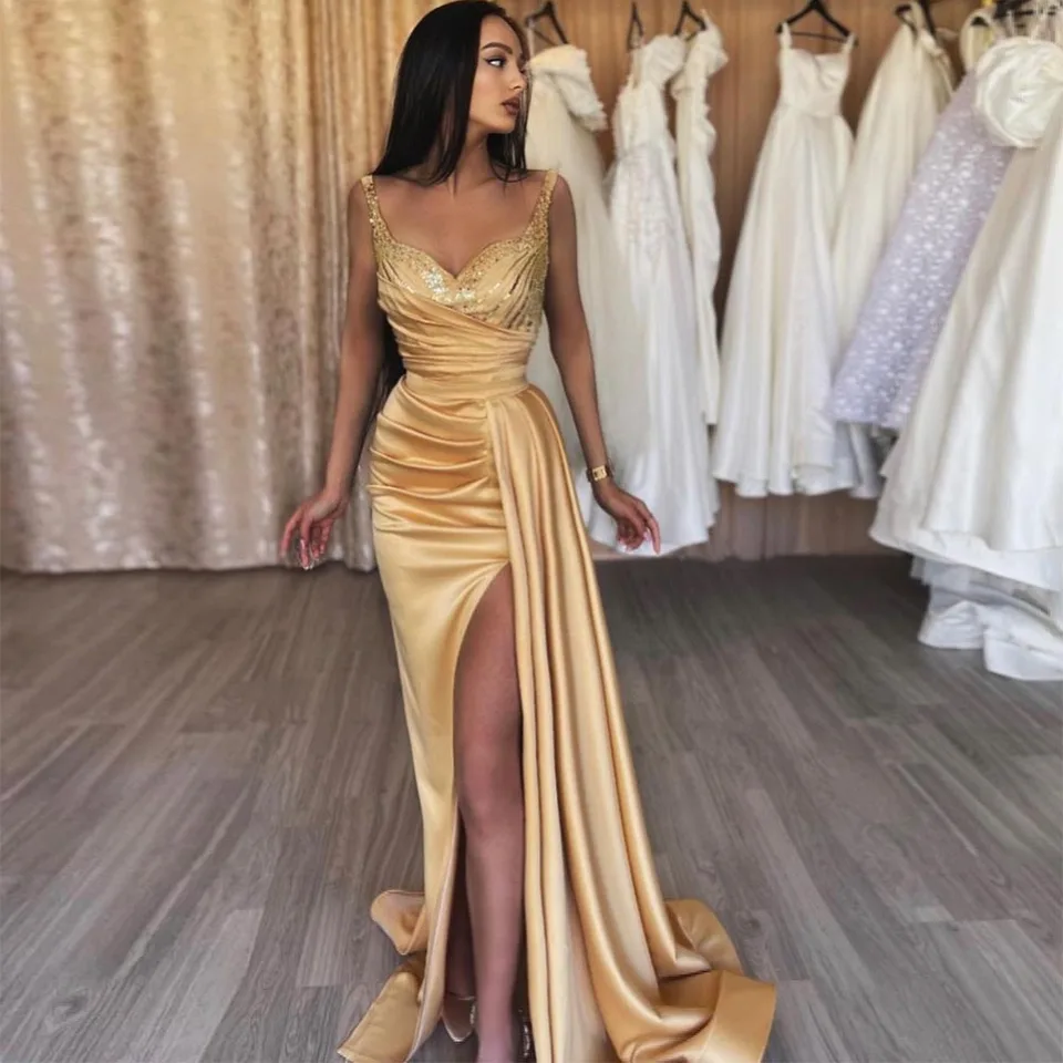 Angel Custom Elegant Gold Satin Formálne šaty na mieru vyrobené vysoké rozdelenie v krku špagety špagety korálkové dlhé večerné plesové šaty