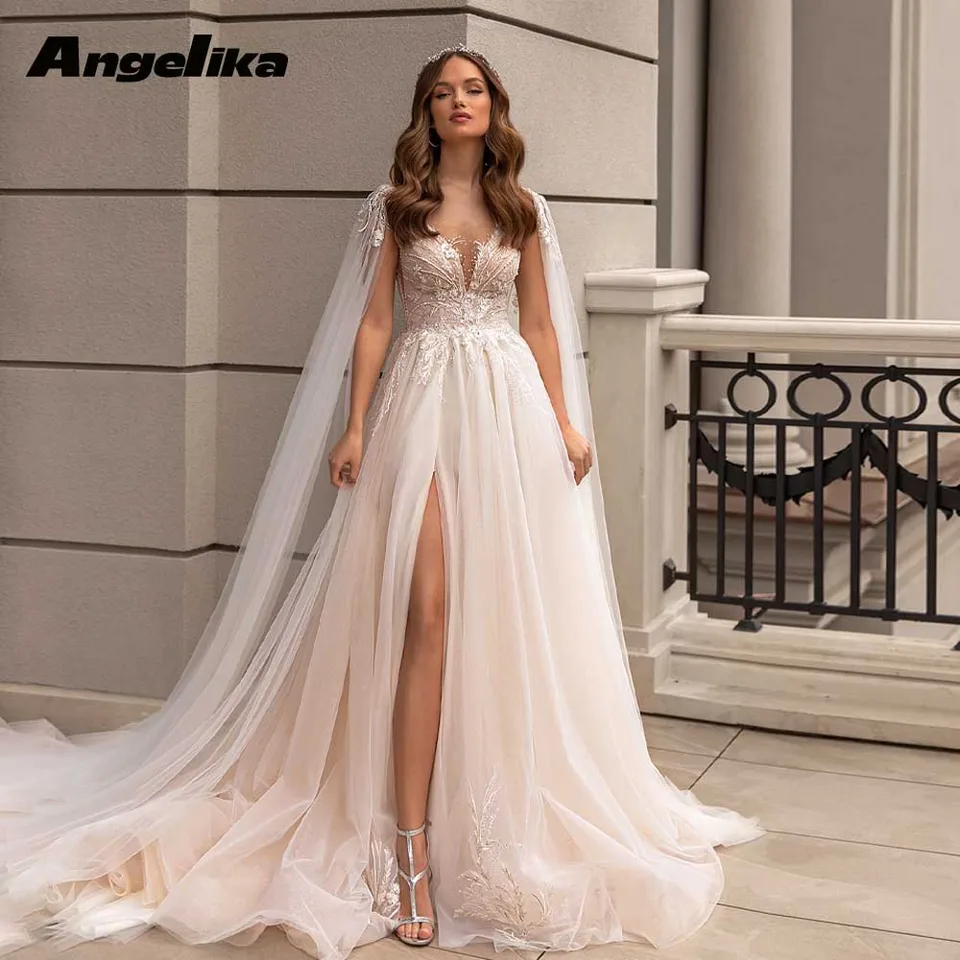 Angelika Trendy Scoop Chrc Svadobné šaty pre nevestu a Line Tulle High Slit Apploces
