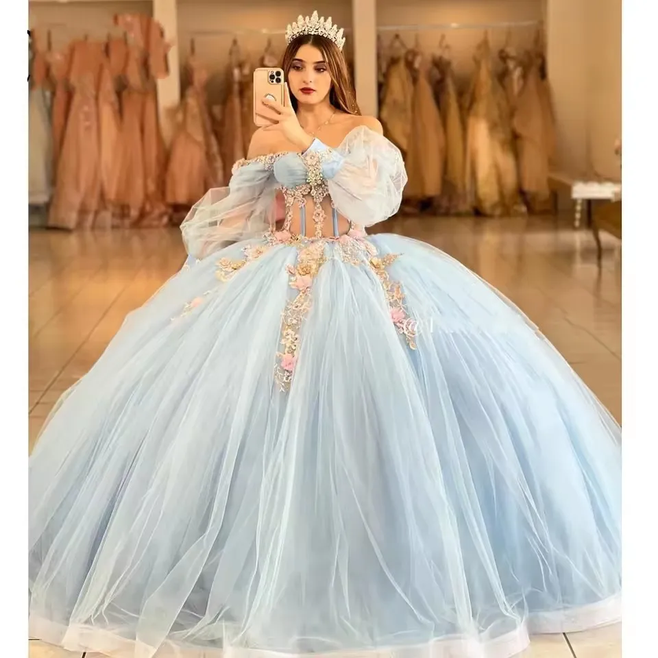 Angelsbridep Light Blue Ball Lown Quinting Quinceanera šaty Vestido de 15 años vintage 3D kvetinová formálna princezná Party Prispôsobené