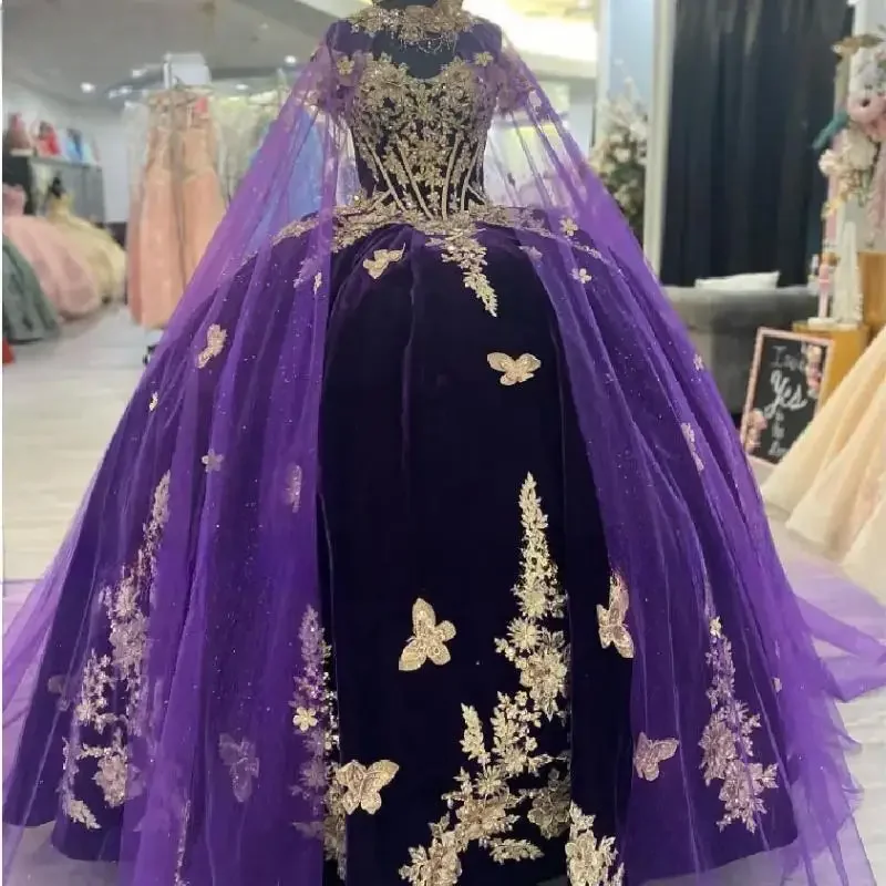 Angelsbridep Purpurová princezná Quinceanera šaty s kapom zamatovým tylom tylovou vrstvou vrstva sladké narodeniny Prom Party šaty prispôsobené