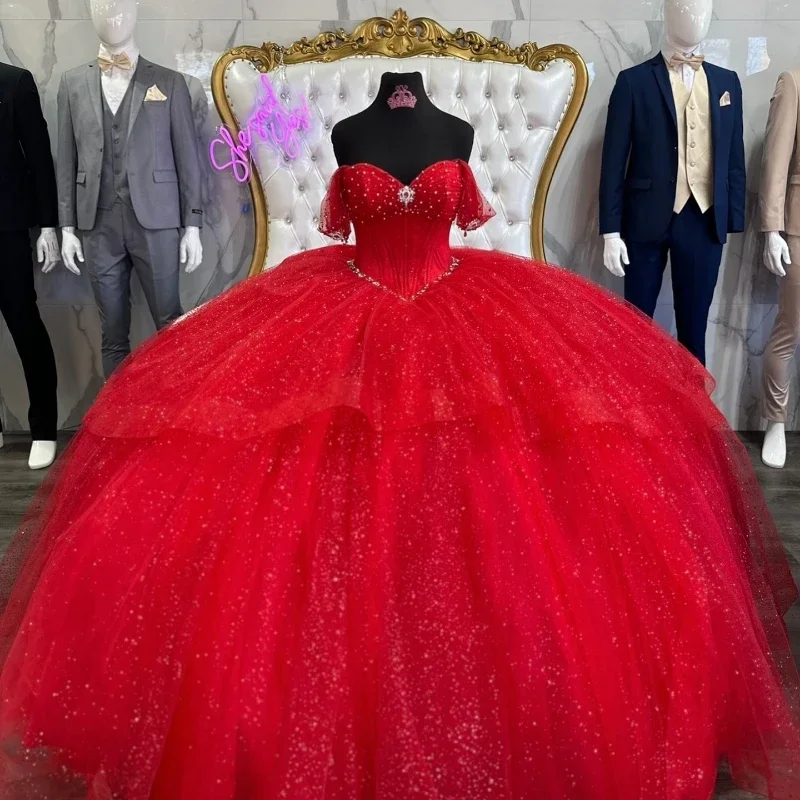 Angelsbridep Red Shiny Quinceanera šaty guľôčkové šaty korzet korálky krištáľový luk žiabrov