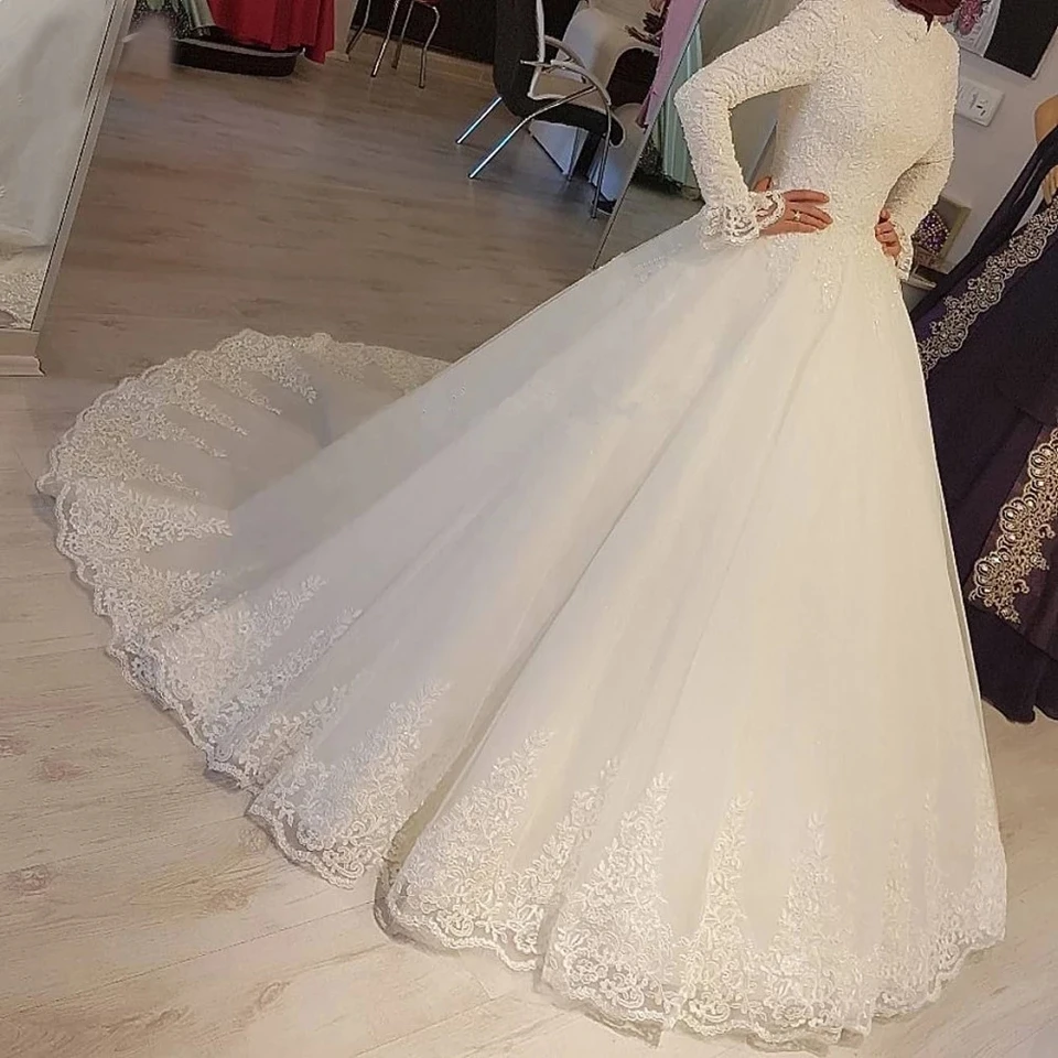 Angelsbridep s dlhými rukávmi Moslimské šaty moslimské šaty Svadobné šaty robe de mariee sexy vysoko krk