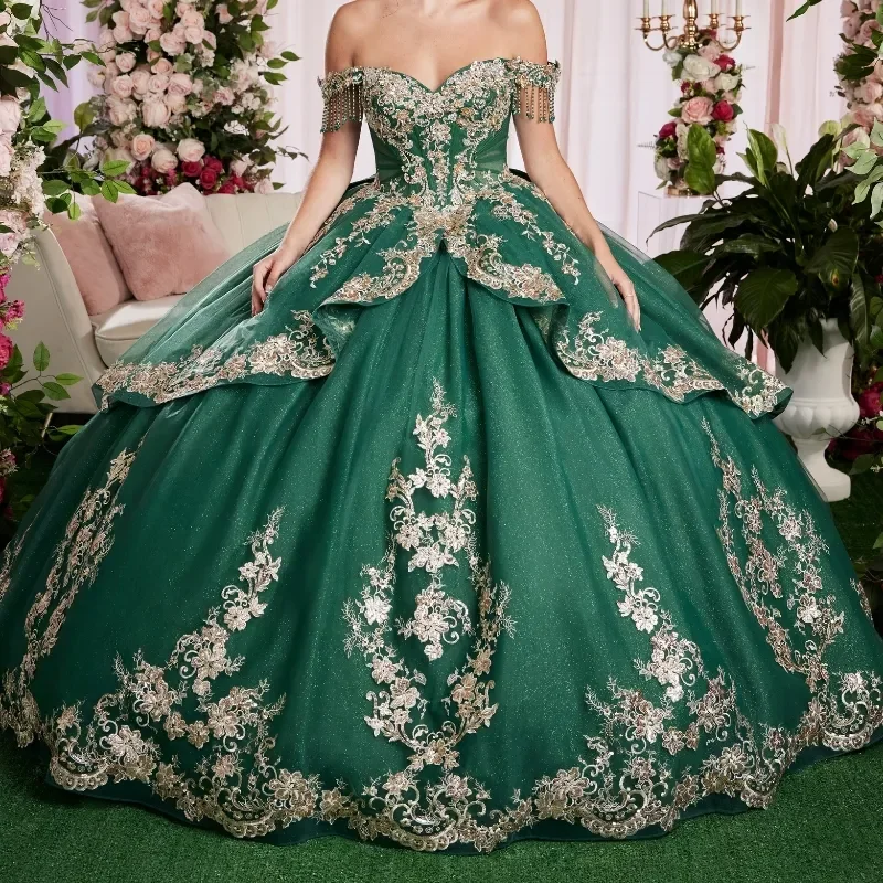 Angelsbridep Čierne zelené quinceanera šaty šaty zlaté čipky aplikované korálkové tylové guľové šaty sladké 16 šaty korzet prispôsobený