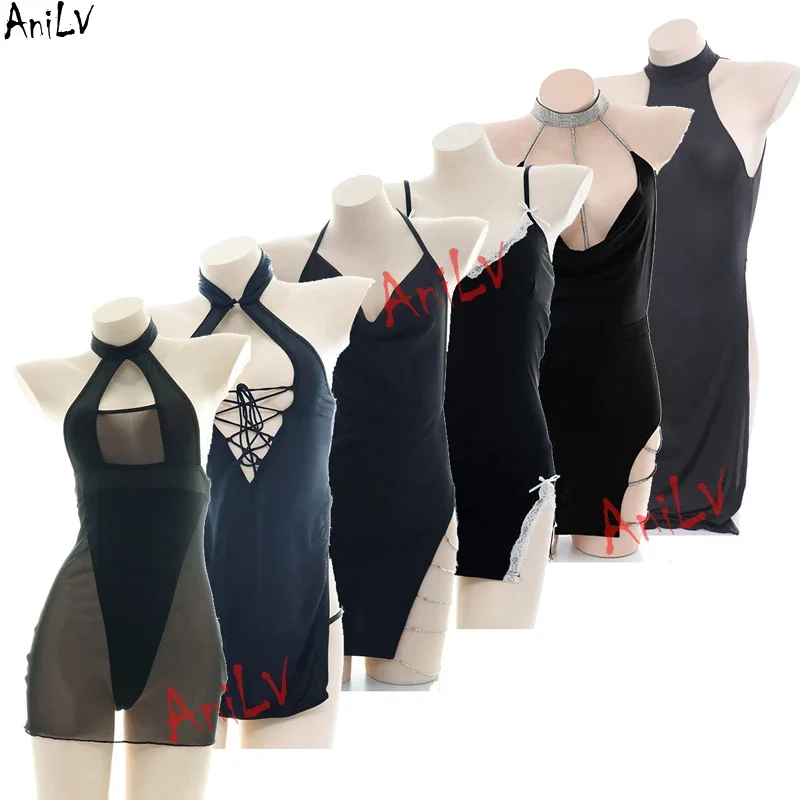 ANILV BLACK SEXY STRÁNKA SETION SPRÁVA Uniformný kostým Dámsky reťaz s dĺžkou remienok NightDress Pyžamy horúce spodné prádlo cosplay rz755