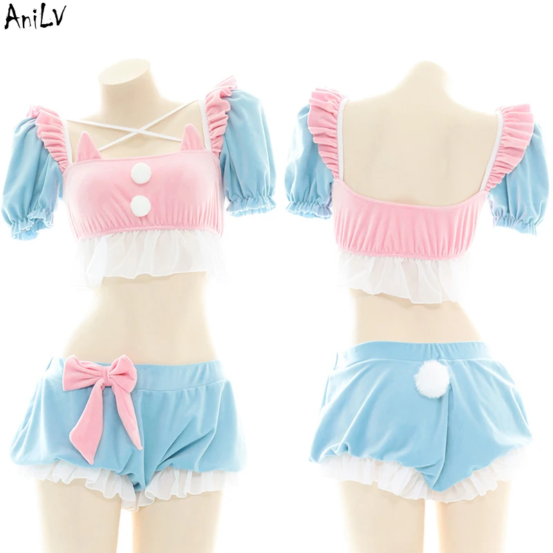 Anilv študent roztomilé mačka lolita dievča anime princezná pyžamá unifrom kostým horúce ženy ružové luk plavky na spodnú bielizeň cosplay