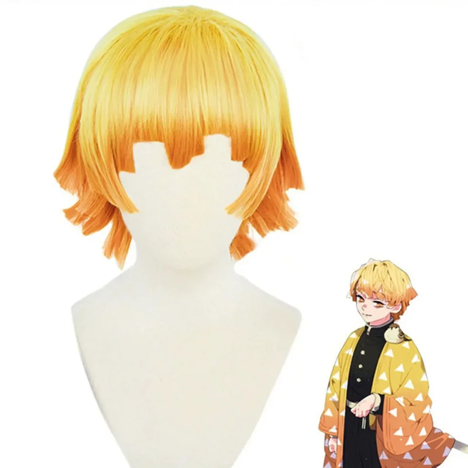 Anime agatsuma zenitsu cosplay parochne Krátke 30 cm žlté gradientné oranžové parochňu odolné voči tepelne odolným voči Woemn Men Parochne Halloween