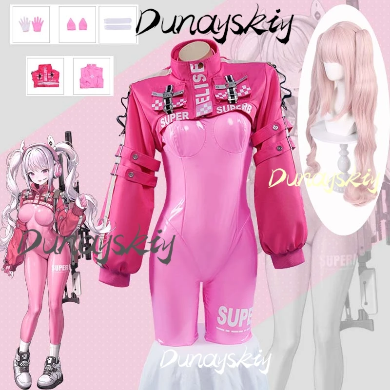 Anime Alice Cosplay Nikke Cosplay kostým Pink BodySuit s rukavicami pre kombinézy v parochni na latex mačiek pre ženy Prispôsobené dievčatá