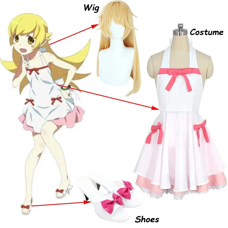 Anime bakemonogatari cos Oshino shinobu cosplay kostým žena lolita biele ružové šaty Halloween na mieru vyrobené wx4799
